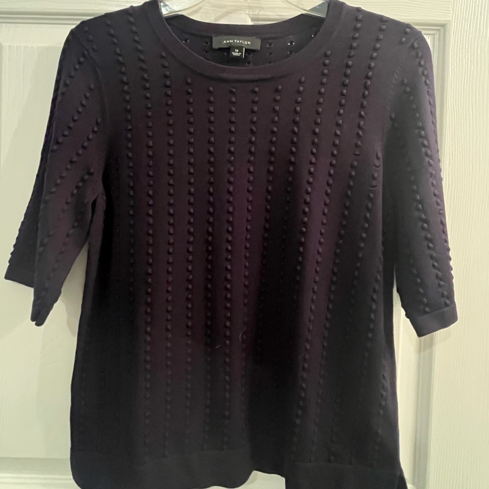 Ann Taylor Navy Textured Short Sleeve Sweater Tee Top Size M